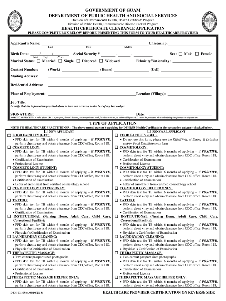 Fillable Online Dphss Guam Health Certificate Clearance Application Fax Email Print PdfFiller