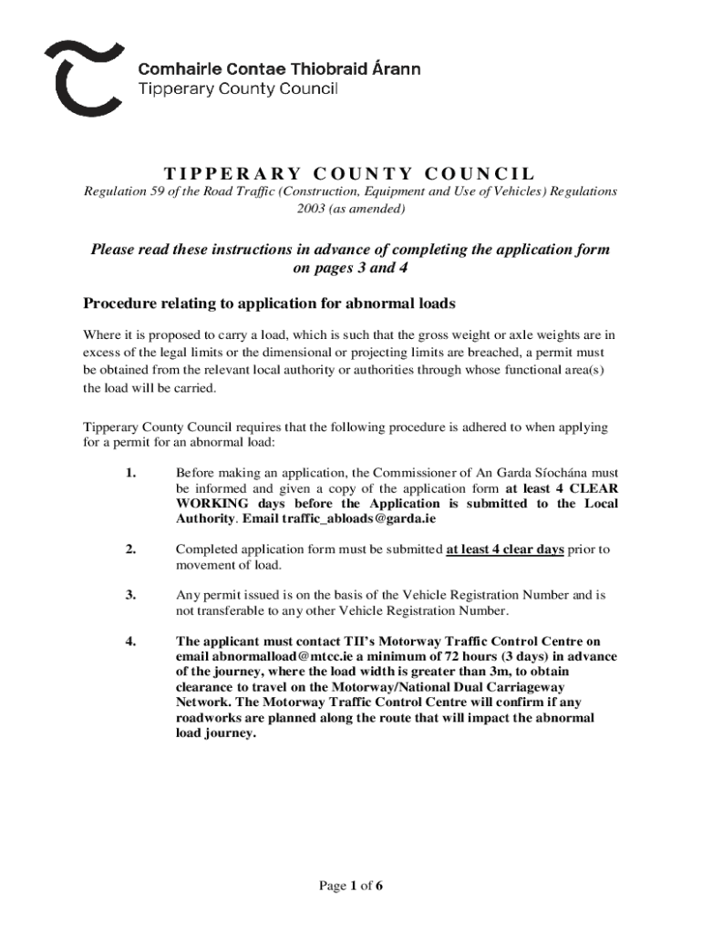 Fillable Online Abnormal Load Application Form Tipperary County Council