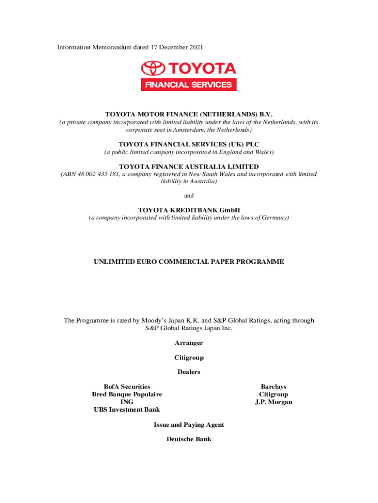 Fillable Online TOYOTA MOTOR FINANCE B.V. (a Fax