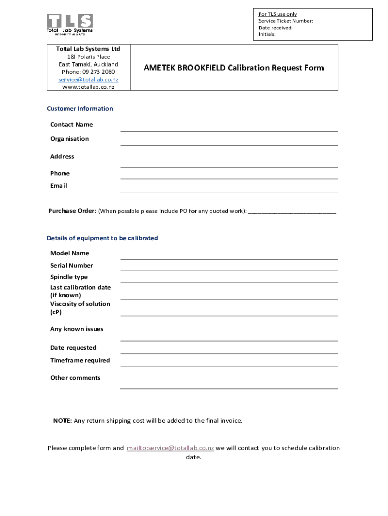 Fillable Online AMETEK BROOKFIELD Calibration Request Form Fax Email