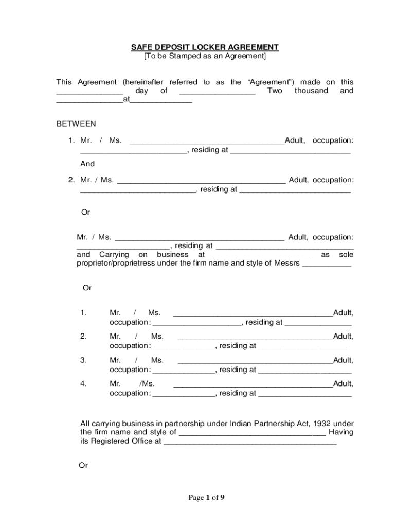 Fillable Online Page 1 of 9 SAFE DEPOSIT LOCKER AGREEMENT To be Fax