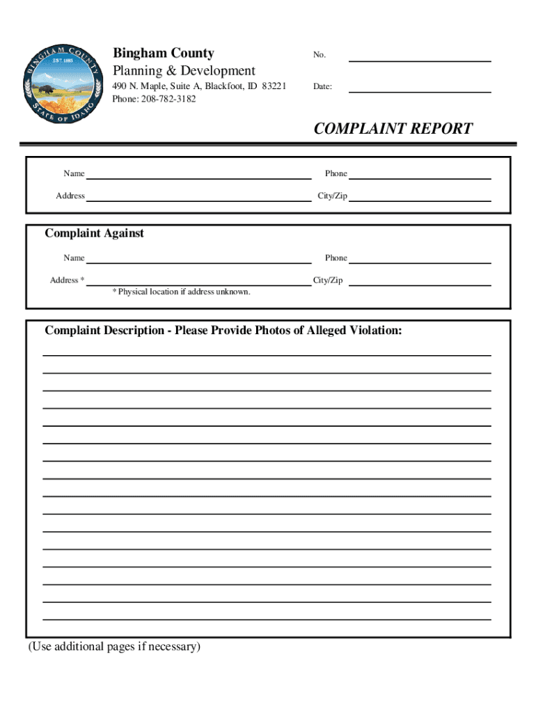 Fillable Online Bingham County Building Department, Planning and Zoning
