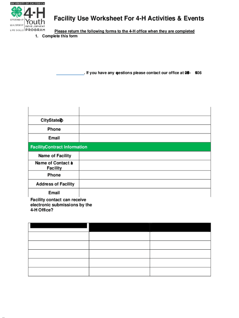 Fillable Online Facility Use Worksheet For 4-H Activities &amp; Events Fax ...