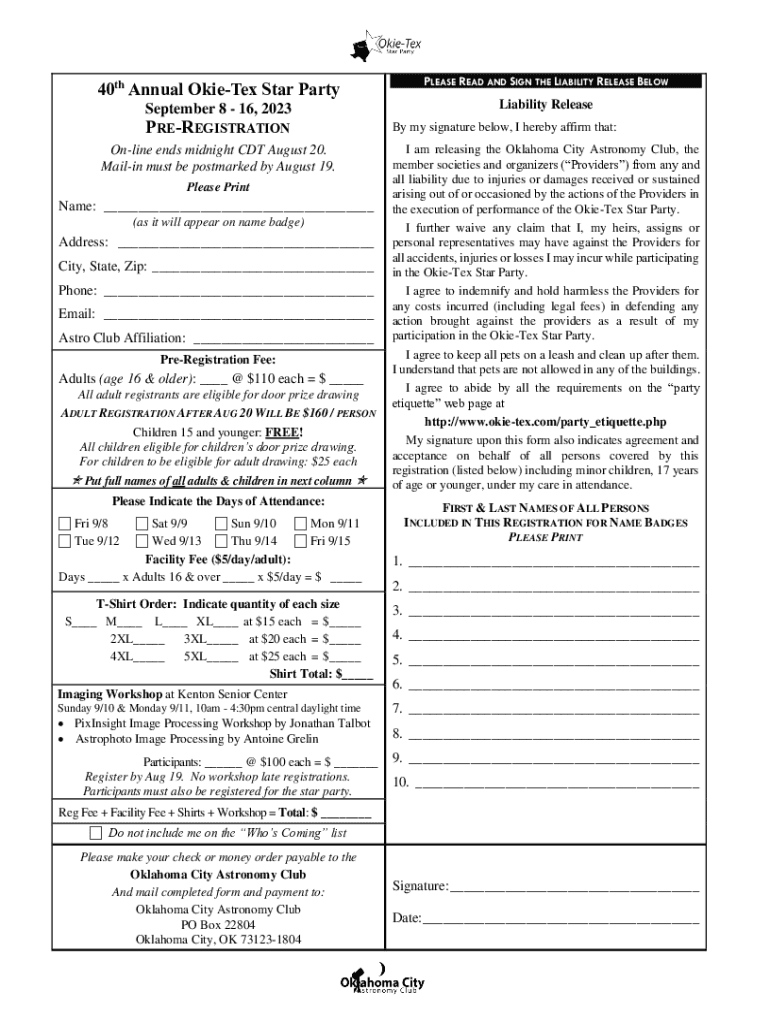 Fillable Online 38th Annual OkieTex Star Party Fax Email Print pdfFiller