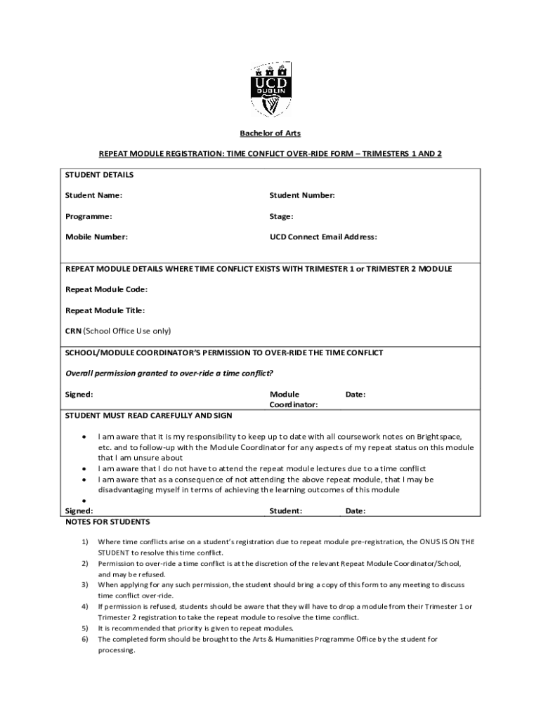 Fillable Online Repeat Module Registration Time Conflict Override Form Fax Email Print pdfFiller