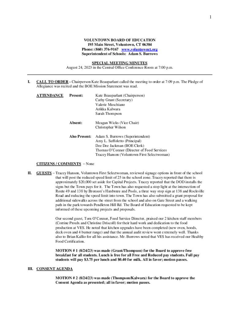 Fillable Online August 24, 2023 in the Central Office Conference Room