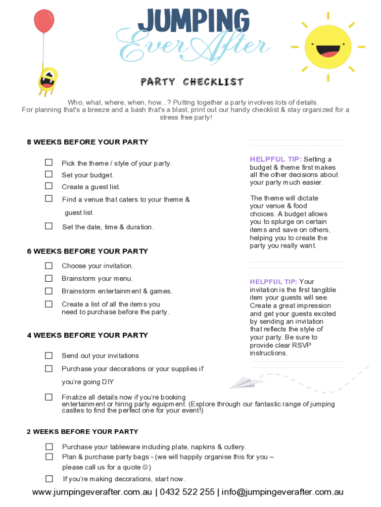 Fillable Online PARTY CHECKLIST 2.docx Fax Email Print - pdfFiller