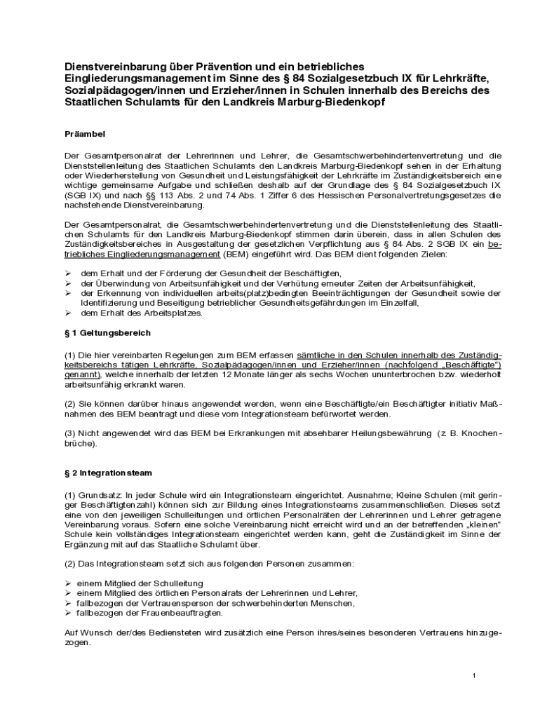 Ausfüllbar Online Dienstvereinbarung ber Prvention und ein