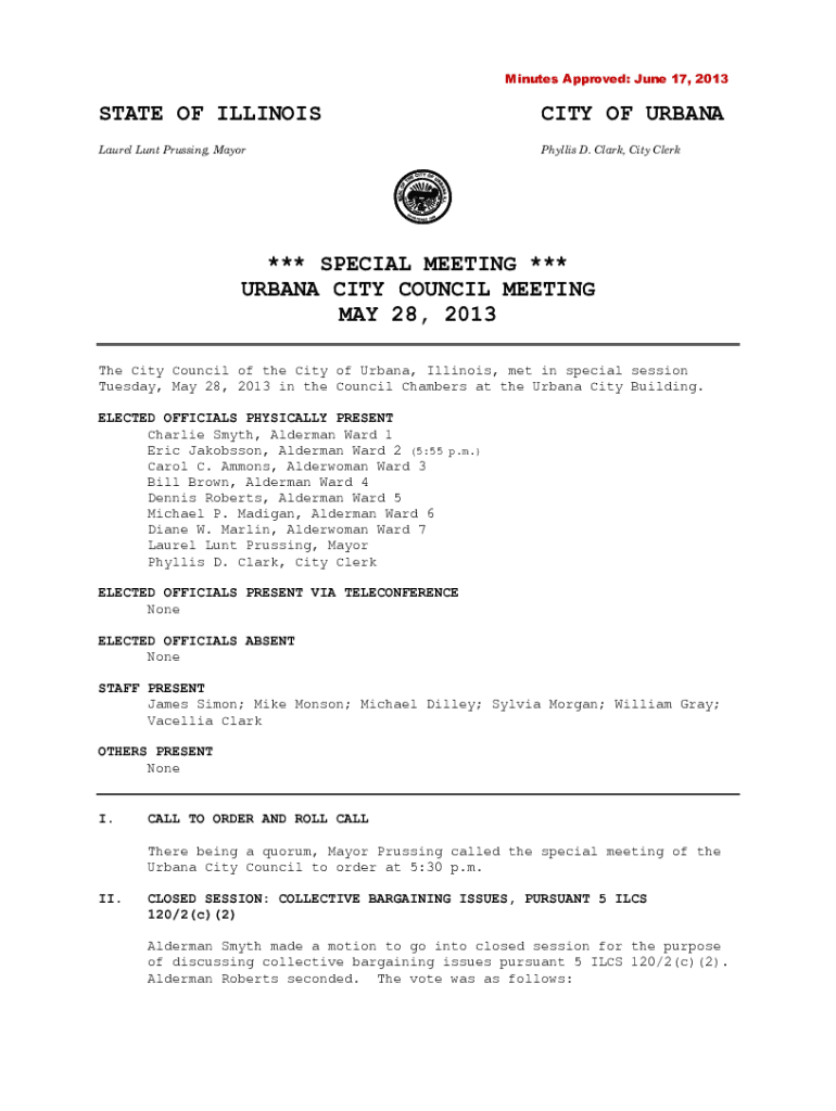 Fillable Online The City Council of the City of Urbana, Illinois, met in special session Fax