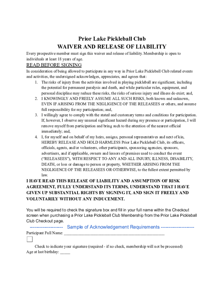 Fillable Online Prior Lake Pickleball Club WAIVER AND RELEASE OF ...