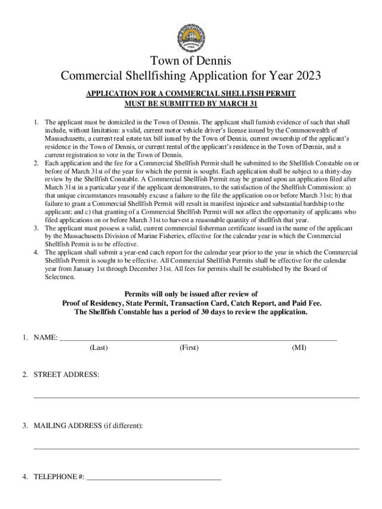 Fillable Online Town of Dennis Commercial Shellfishing Application for