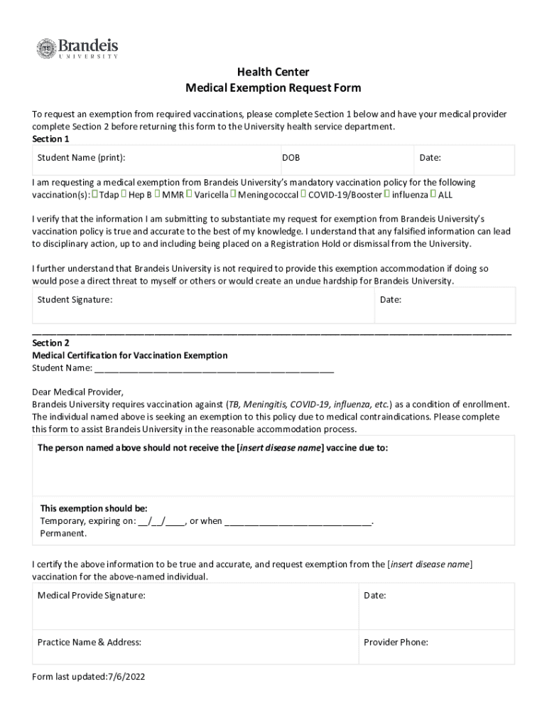 Fillable Online Health Center Medical Exemption Request Form Fax Email