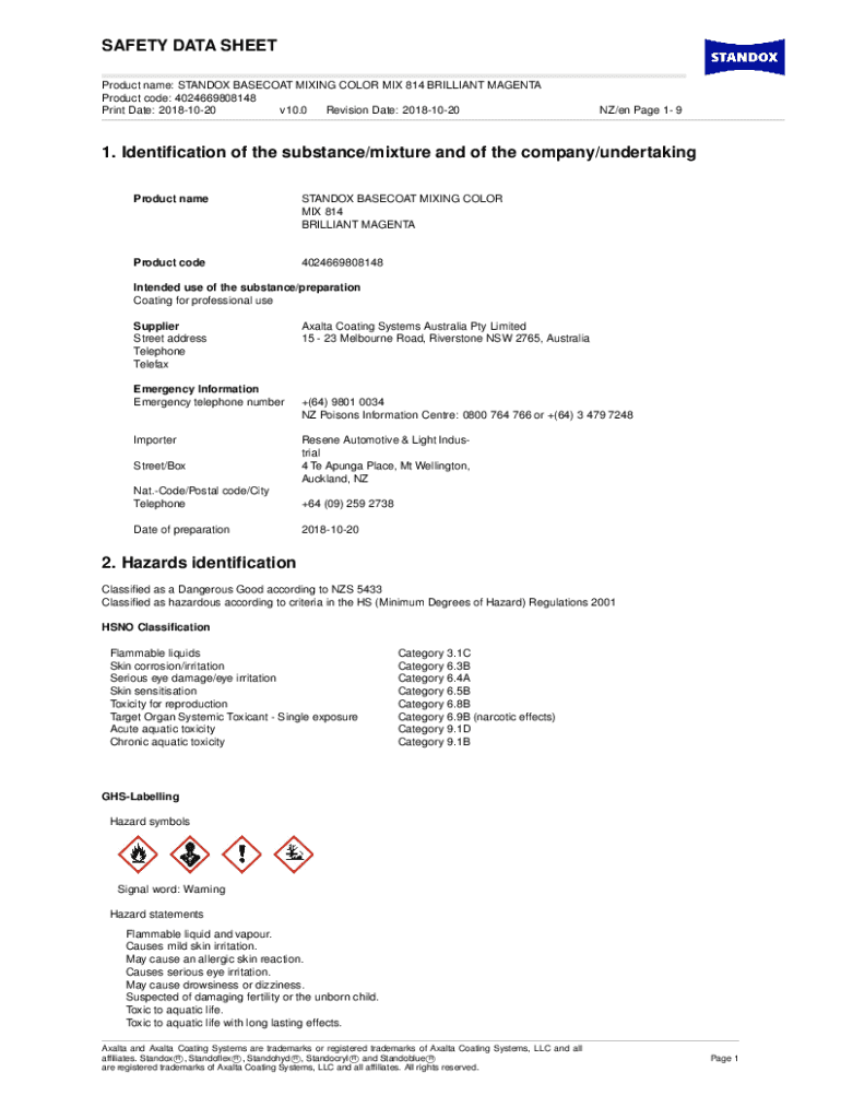 Fillable Online Safety Data Sheet. MISCH. HIGH CHROMA MAGENTA Fax Email