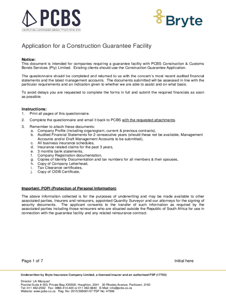 Fillable Online Application for a Construction Guarantee FacilityPROOF