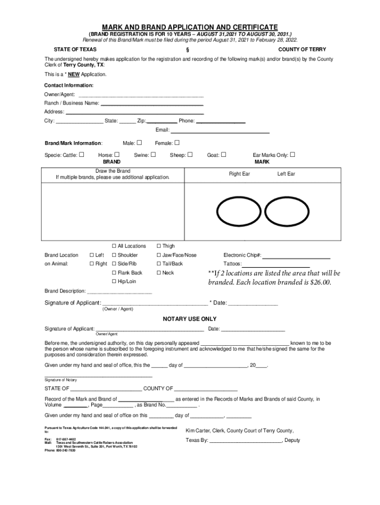 Fillable Online Mark and Brand Application and Certificate Hill