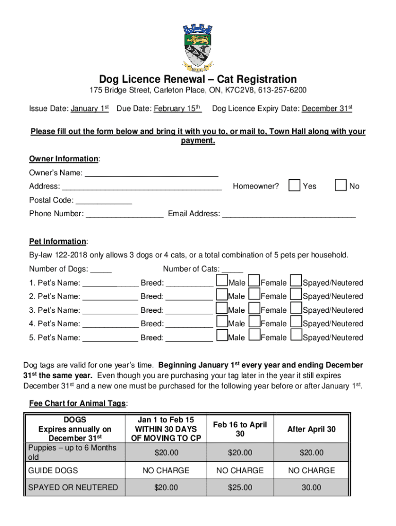 Fillable Online Carleton Place Town Hall Dog Licence Renewal Fax