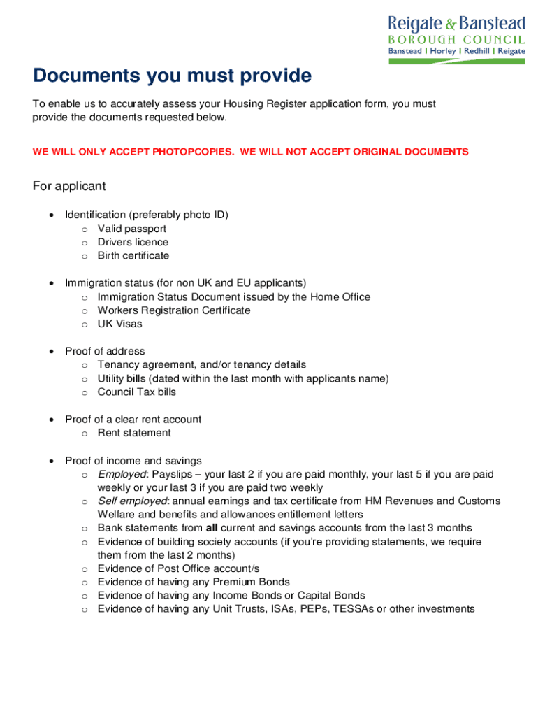 Fillable Online Documents you must provide with your Housing Register