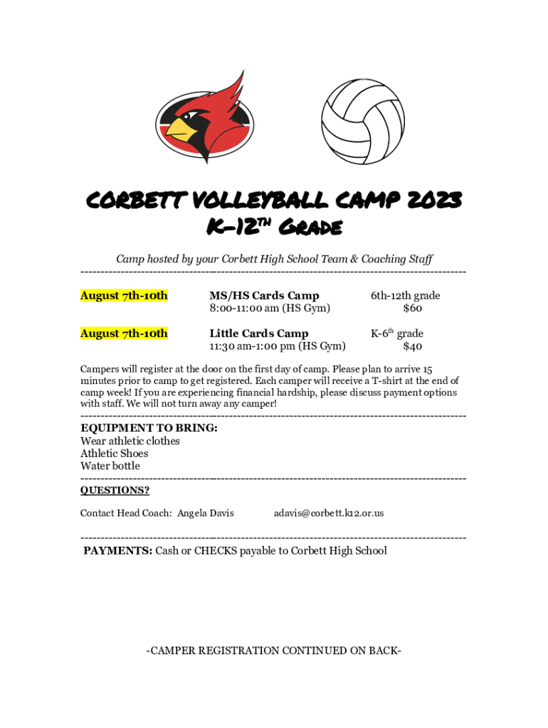 Fillable Online corbett k12 or Volleyball Announces Volleyball Camp