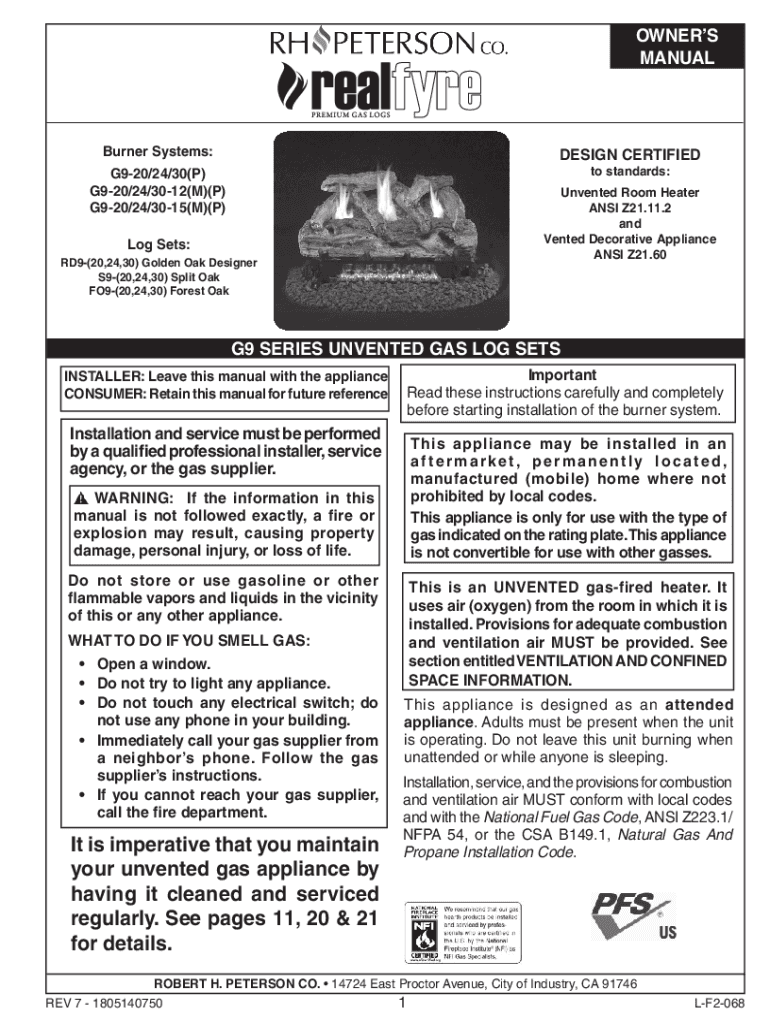 Fillable Online g9 series unvented gas log sets Fax Email Print pdfFiller