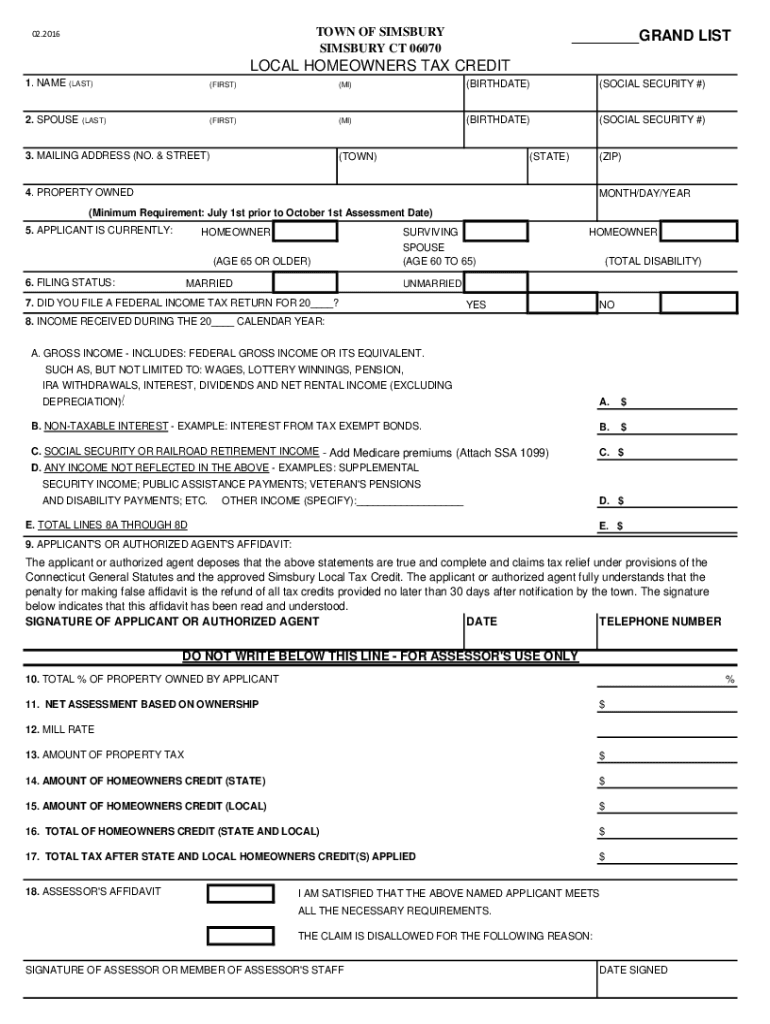Fillable Online Town of Simsbury, CT Tax Credit for Elderly and Totally