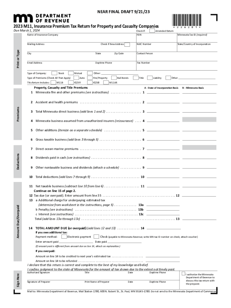 Fillable Online 2023 Form M11, Insurance Premium Tax Return for Property and Casualty Companies