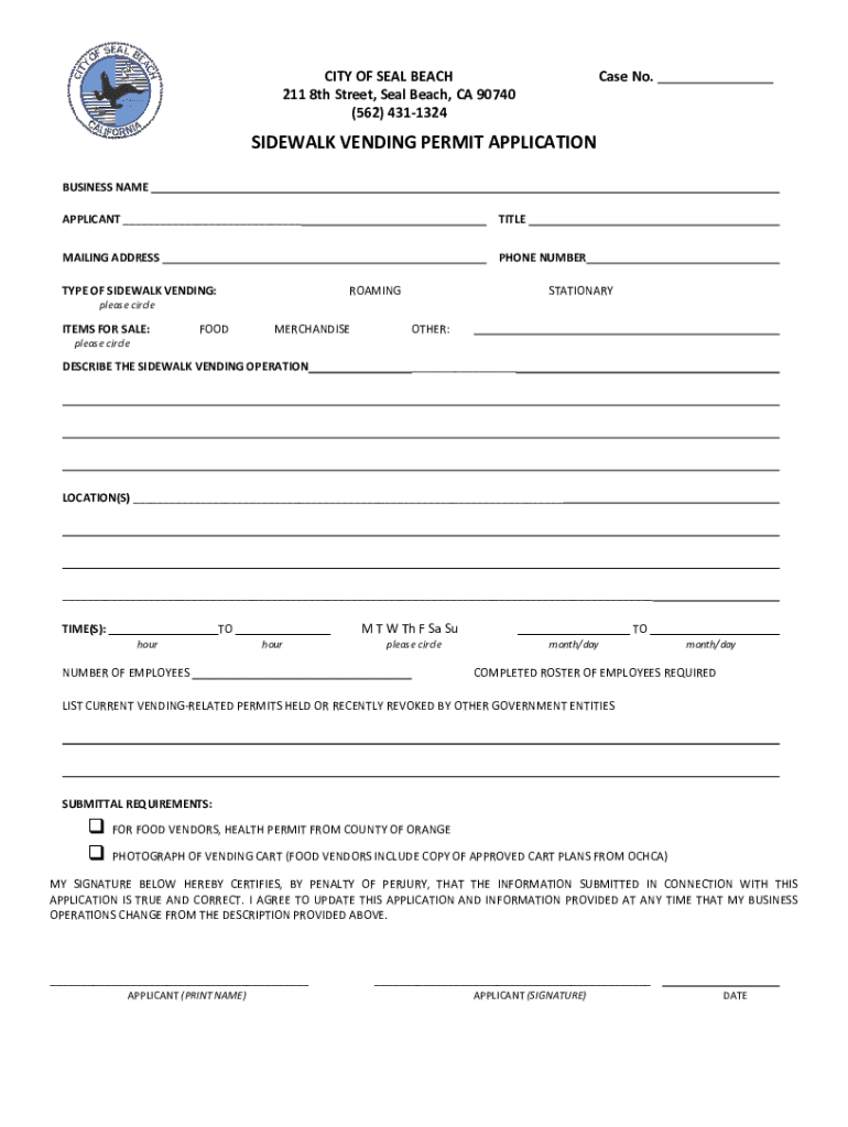 Fillable Online City of Seal Beach Application for Sidewalk Vendor