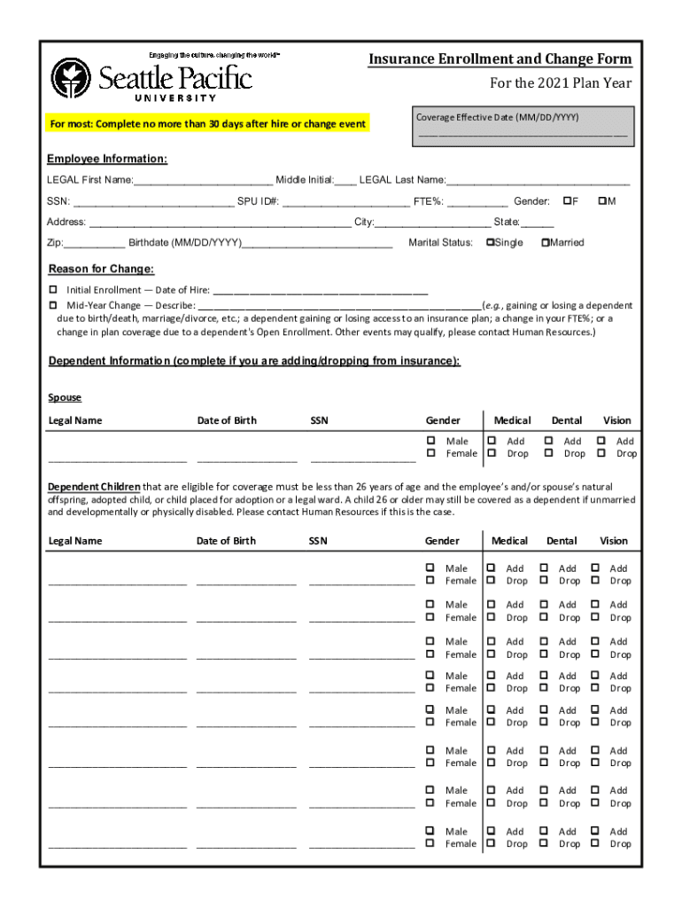 Fillable Online wiki spu Insurance Enrollment and Change Form For the
