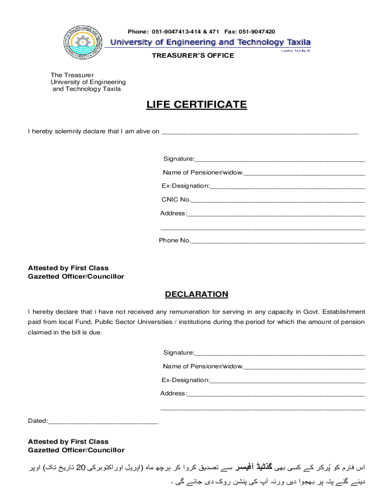 Fillable Online web uettaxila edu Life Certificate for Pensioners PDF ...
