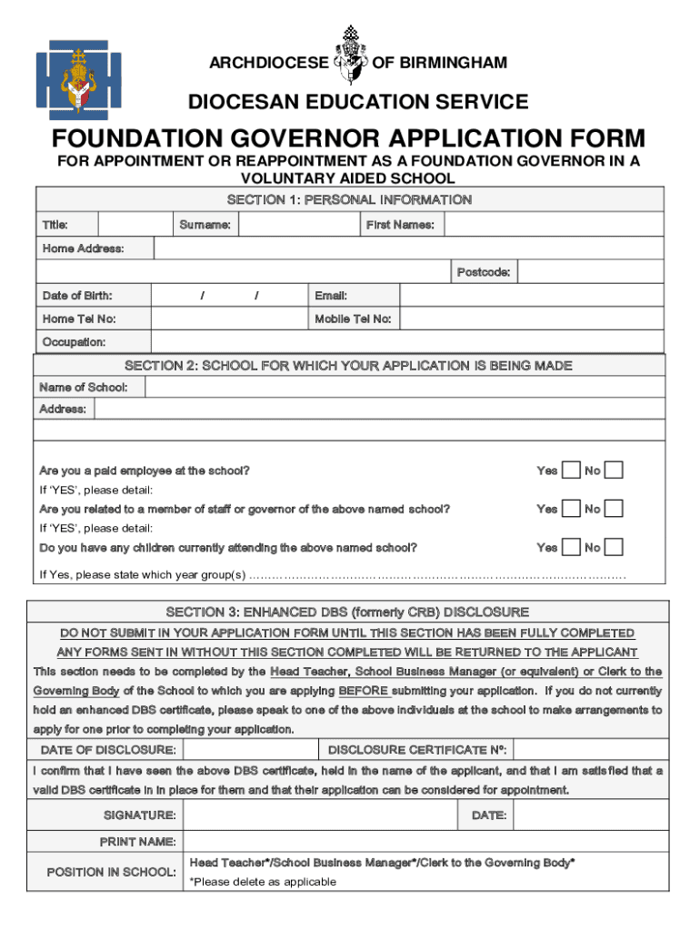 Fillable Online School Governance Foundation Governor Application Form