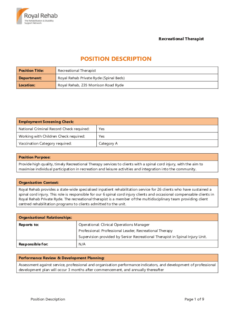 Fillable Online Recreation Therapist Job Description +2023 TEMPLATE Fax