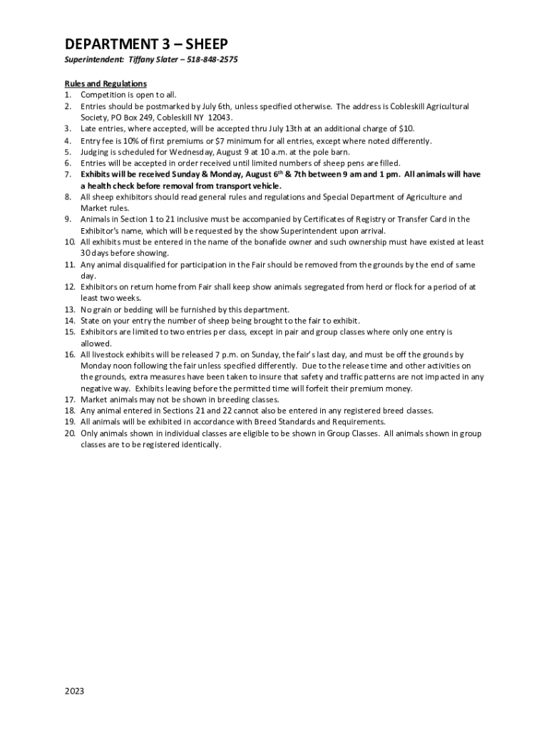 Fillable Online DEPARTMENT 3SHEEP Schoharie County Sunshine Fair Fax