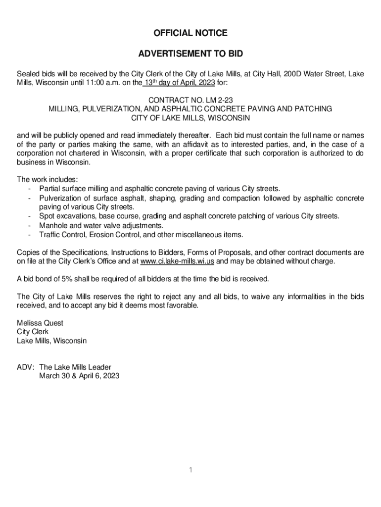 Fillable Online OFFICIAL NOTICE ADVERTISEMENT TO BID City of Lake Mills Fax Email Print
