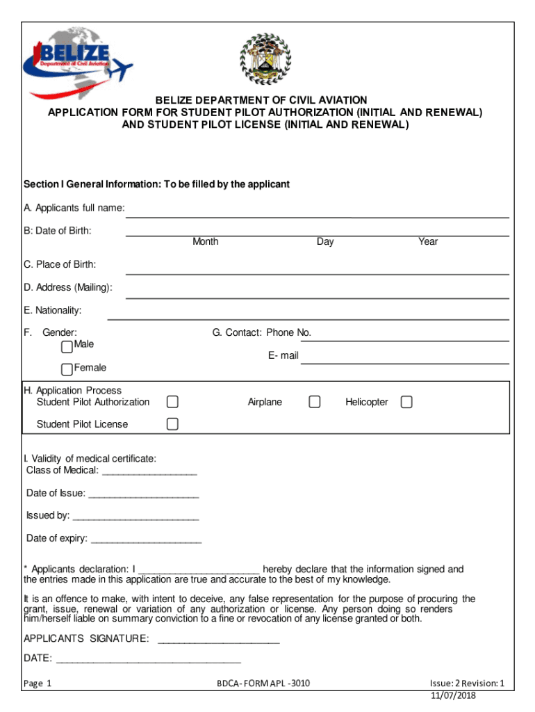Fillable Online Application Form for Student Pilot Authorization