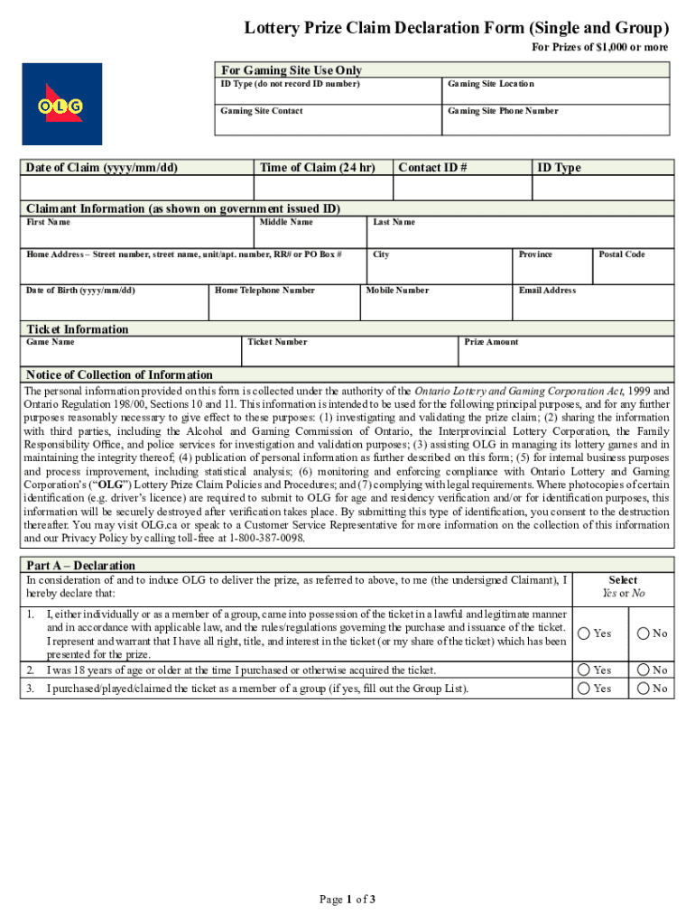 Lottery Prize Claim Declaration Form Preview on Page 1