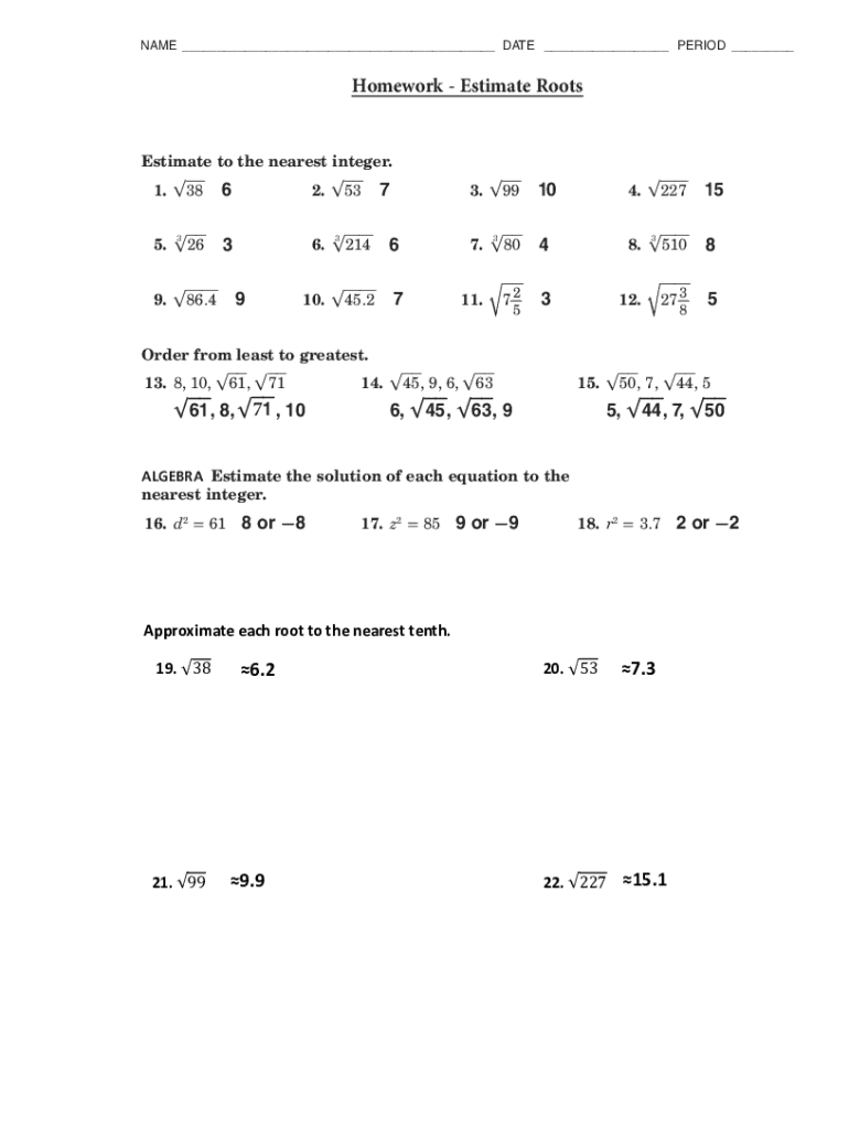 lesson 6 homework practice estimate roots