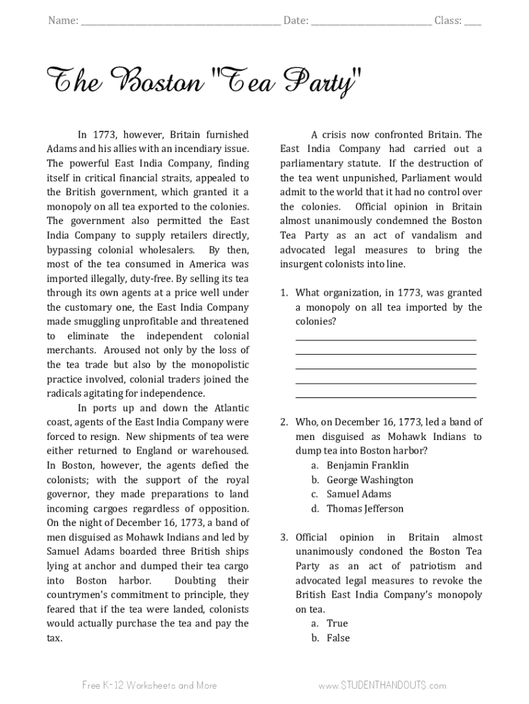 Fillable Online Boston Tea Party Definition, Dates & FactsHISTORY Fax