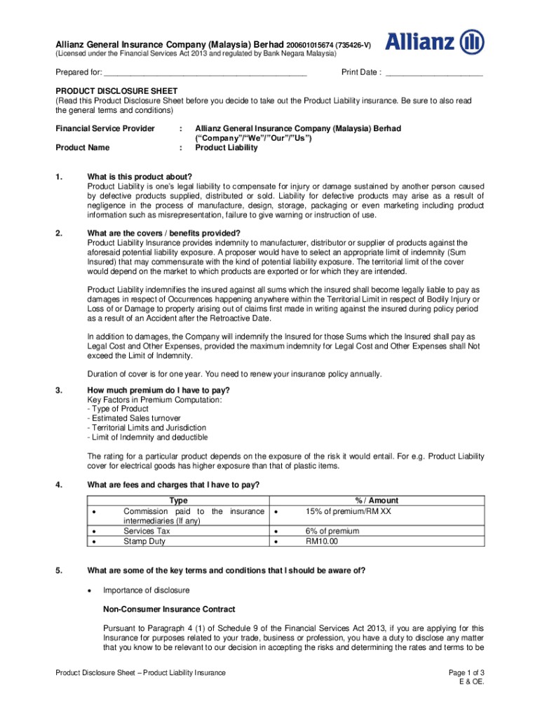 Fillable Online Allianz General Insurance Company (Malaysia) BerhadPDF