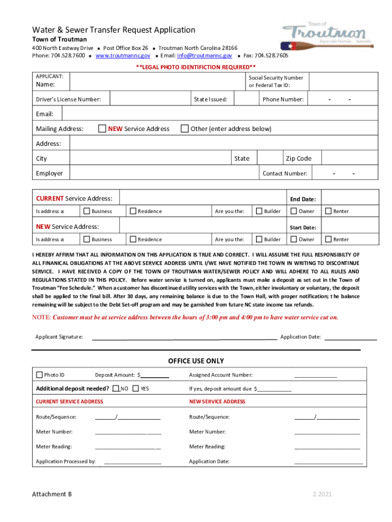Fillable Online Water & Sewer Transfer Request Application Fax Email