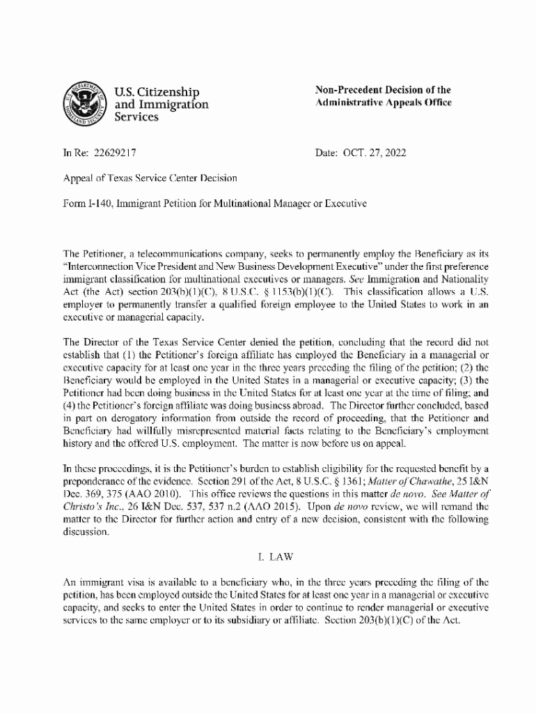 Fillable Online Form 1140, Immigrant Petition for Multinational Manager or
