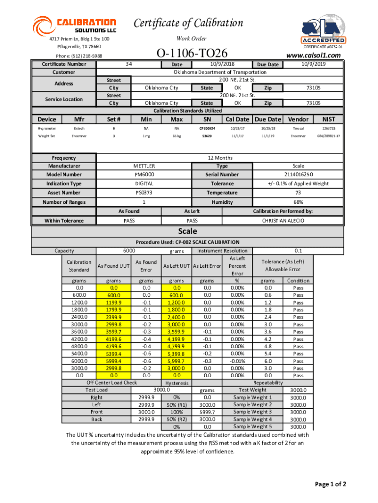 Fillable Online Calibration Performed by: Fax Email Print - pdfFiller