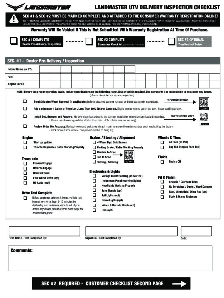 Fillable Online American Landmaster UTV Delivery Inspection Checklist