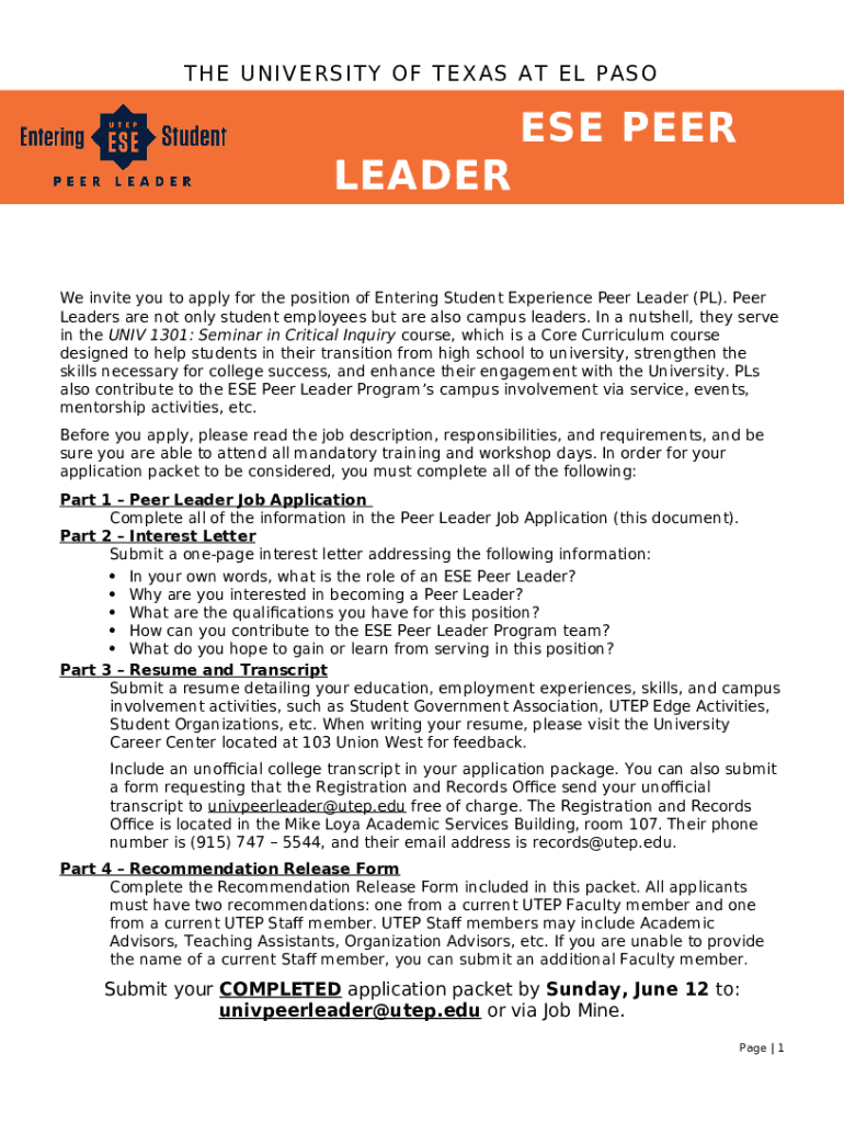 ESE Peer Leader Job application Doc Template pdfFiller