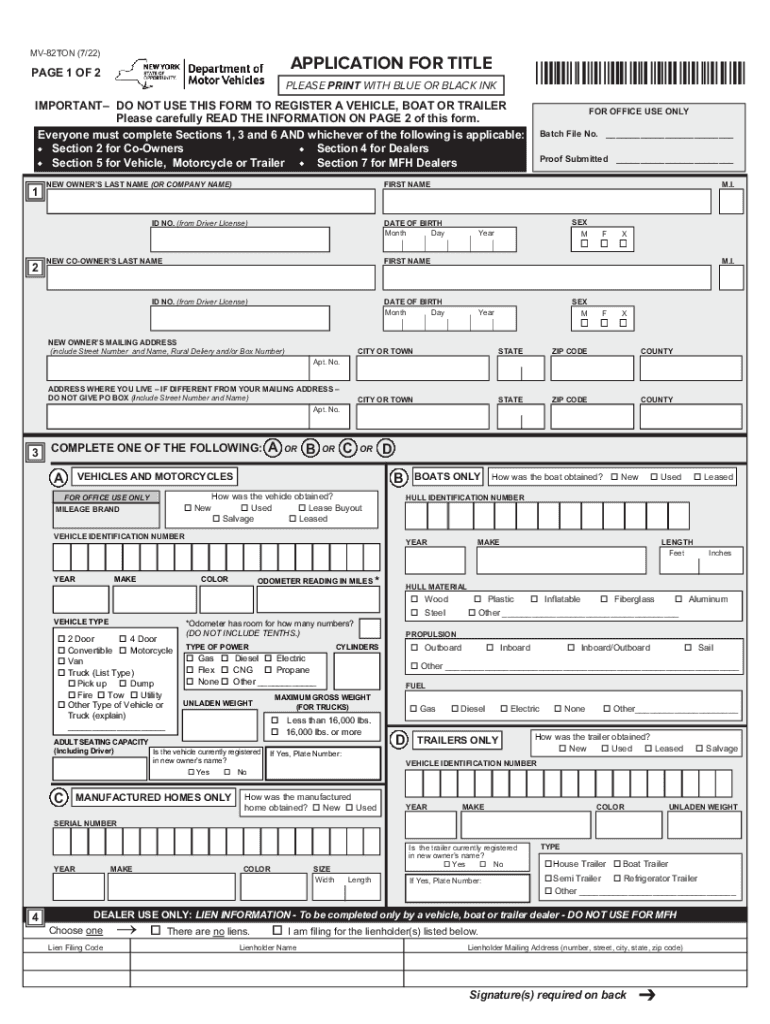 ds: Application, for, Title, New, York, State, Department, of, Motor, Vehicles, MV-82TON (7 22) Preview on Page 1