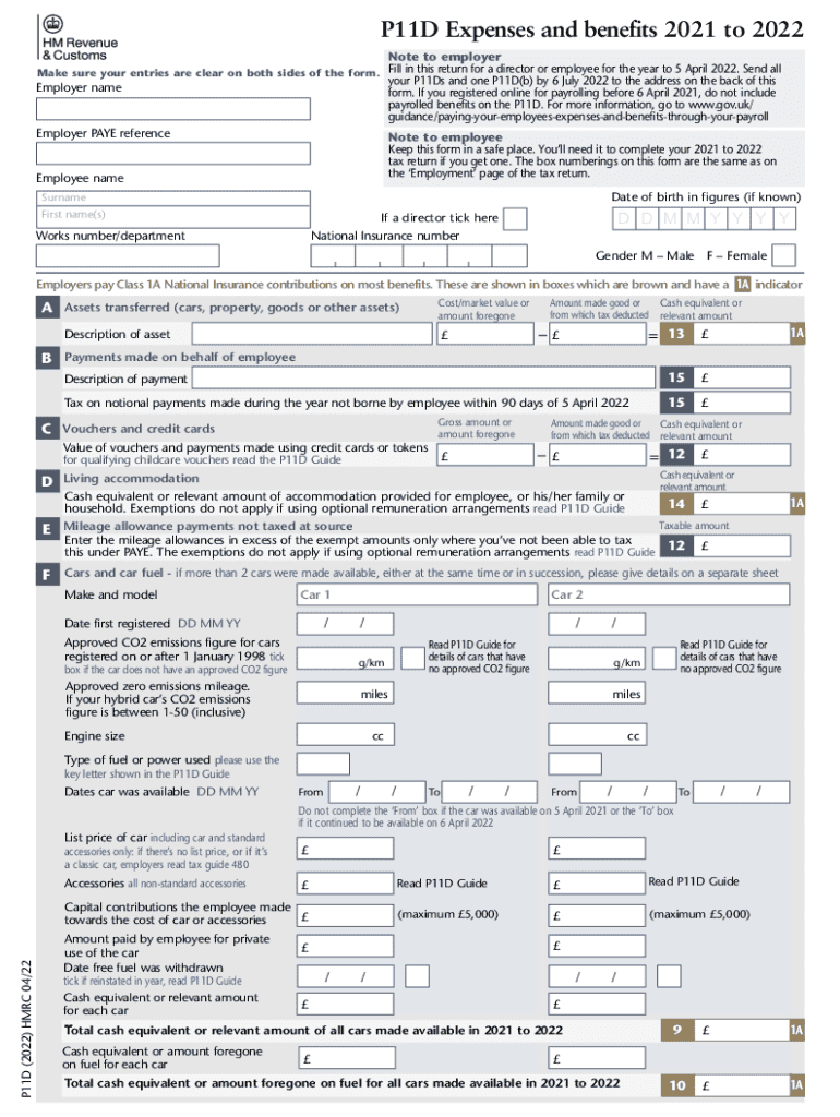 UK P11D Expenses and Benefits Form 2021-2022 Preview on Page 1
