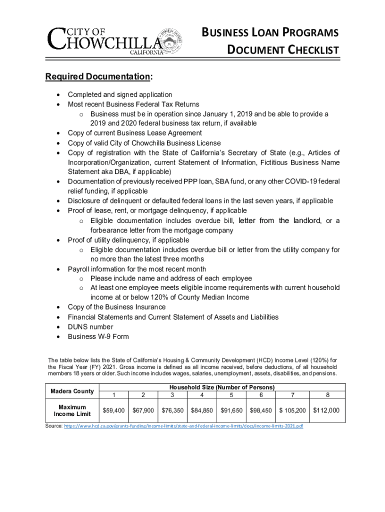 Fillable Online BUSINESS LOAN PROGRAMS DOCUMENT CHECKLIST Fax Email ...
