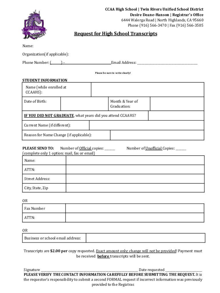Fillable Online Transcripts Request FormFormer Students Fax Email Print ...