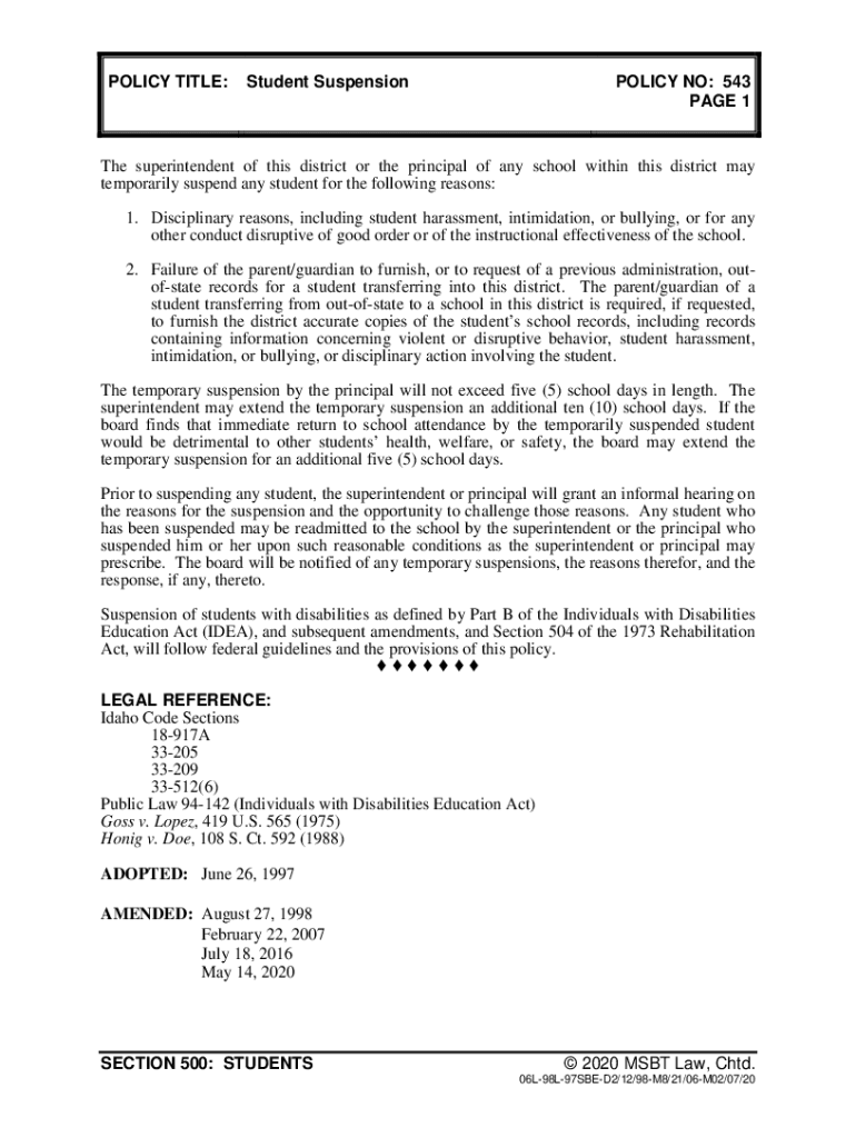 Fillable Online docs d55 k12 id Student Suspension POLICY NO Fax Email