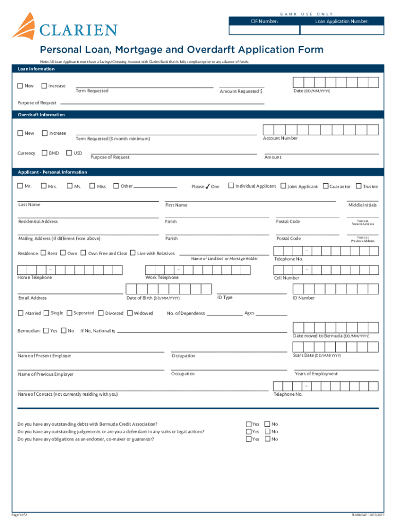 Fillable Online Personal Loan, Mortgage and Overdarft Application Form ...