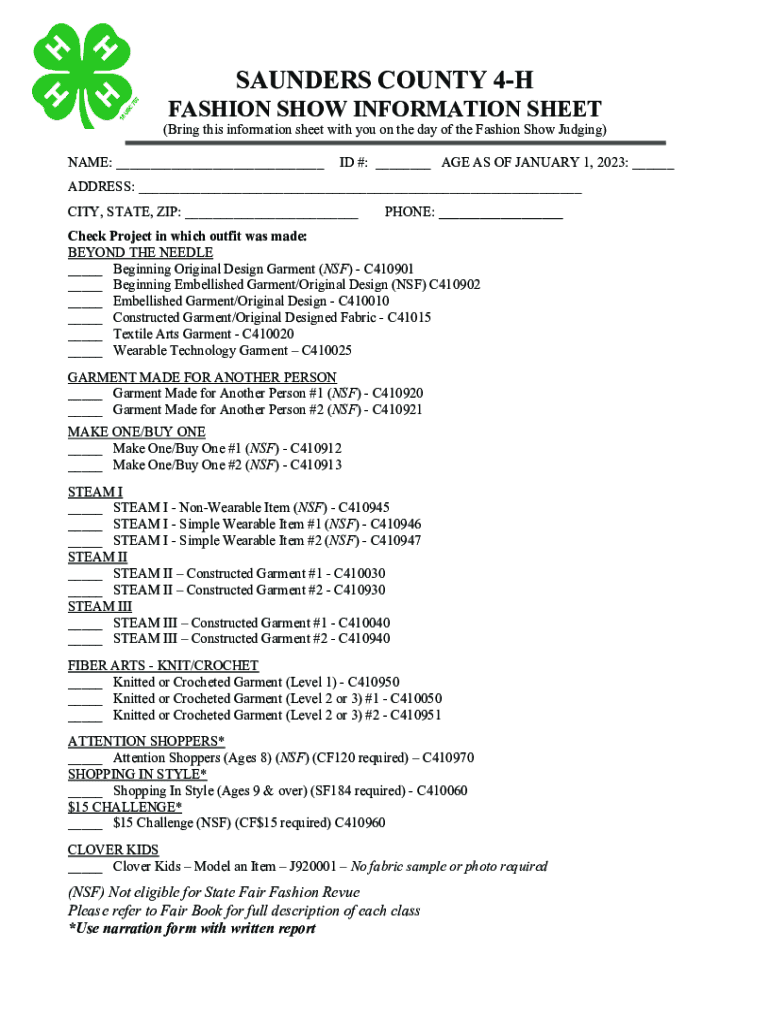 Fillable Online extension unl Fashion show judging sheet Fax Email