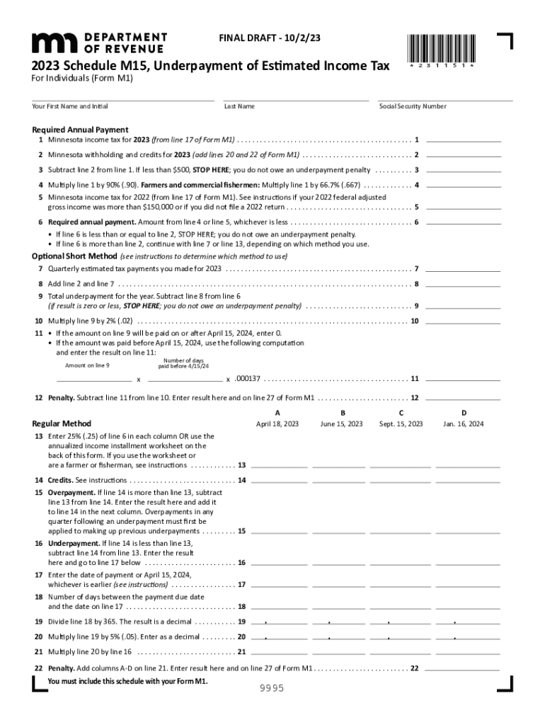 2023 M15, Underpayment of Estimated Income Tax for Individuals Preview on Page 1